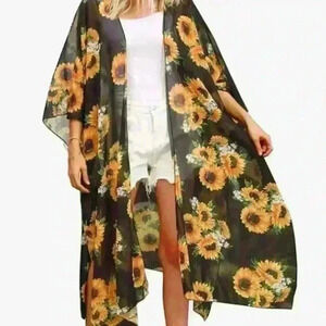 NWOT Women's Floral Kimono Cardigan 2X-Sheer Swim Cover-Up, Boho Tropical Prin